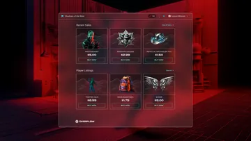 UI mockup showing 6 digital futuristic/western items for sale, along with prices.