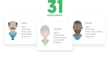 An illustration of three user profile cards, showing that we interviewed 31 participants from a variety of backgrounds.