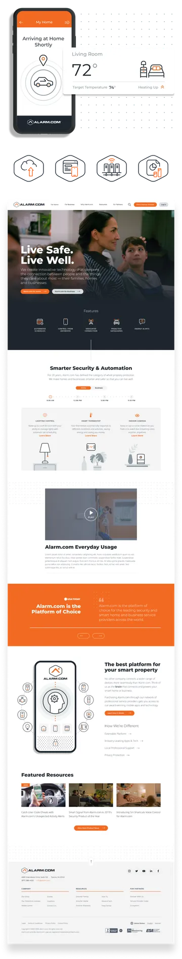 An image of Alarm.com's homepage along with some branding assets and illustrations