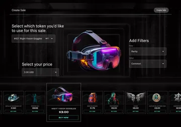 Night vision goggles above carousel of other futuristic/western items. "Select which token you'd like to use: #421 Night Vision Goggles NFT" "Select your price: 3.00 USD"
