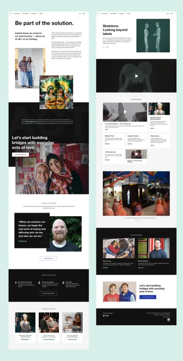 Two page layouts showing how unconscious bias is tackled throughout the site.