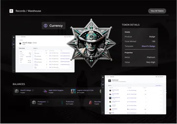 Collage of UI components, including ownership records, token details for a sheriff's badge item, account balances, and a warehouse.