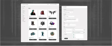 UI mockups showing a marketplace with items for sale and the creation of a sale that would be listed on the marketplace.