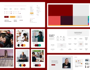 The UCPE design system which included such colors as maroon, salmon, plum, light and dark grey, and orange; photographic samples; call to action, promo, and other page blocks.