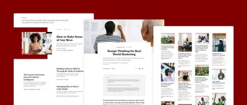 Three page compositions stacked in a diagonal pattern from top left to bottom right. The images on the page comps feature the articles pages — aka perspectives pages— including the index, feature articles, and article detail pages.