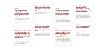Eight cards with questions and answers from user interviews