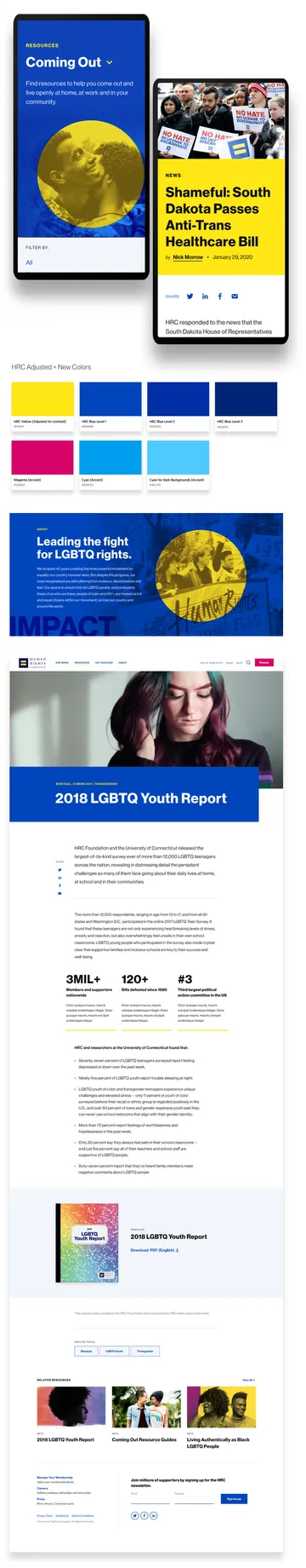 An image of two mobile screenshots of HRC's new site, along with elements from their digital brand guide and a layout for article pages