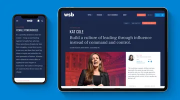 The Collections page for Female Powerhouses displayed on mobile and a Speaker page for Kat Cole displayed on an iPad.