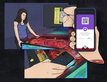 App overshadowing a person playing pinball