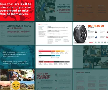 Collage of pages showing the visual direction from Armstrong's brand guide, including their teal and red color palette